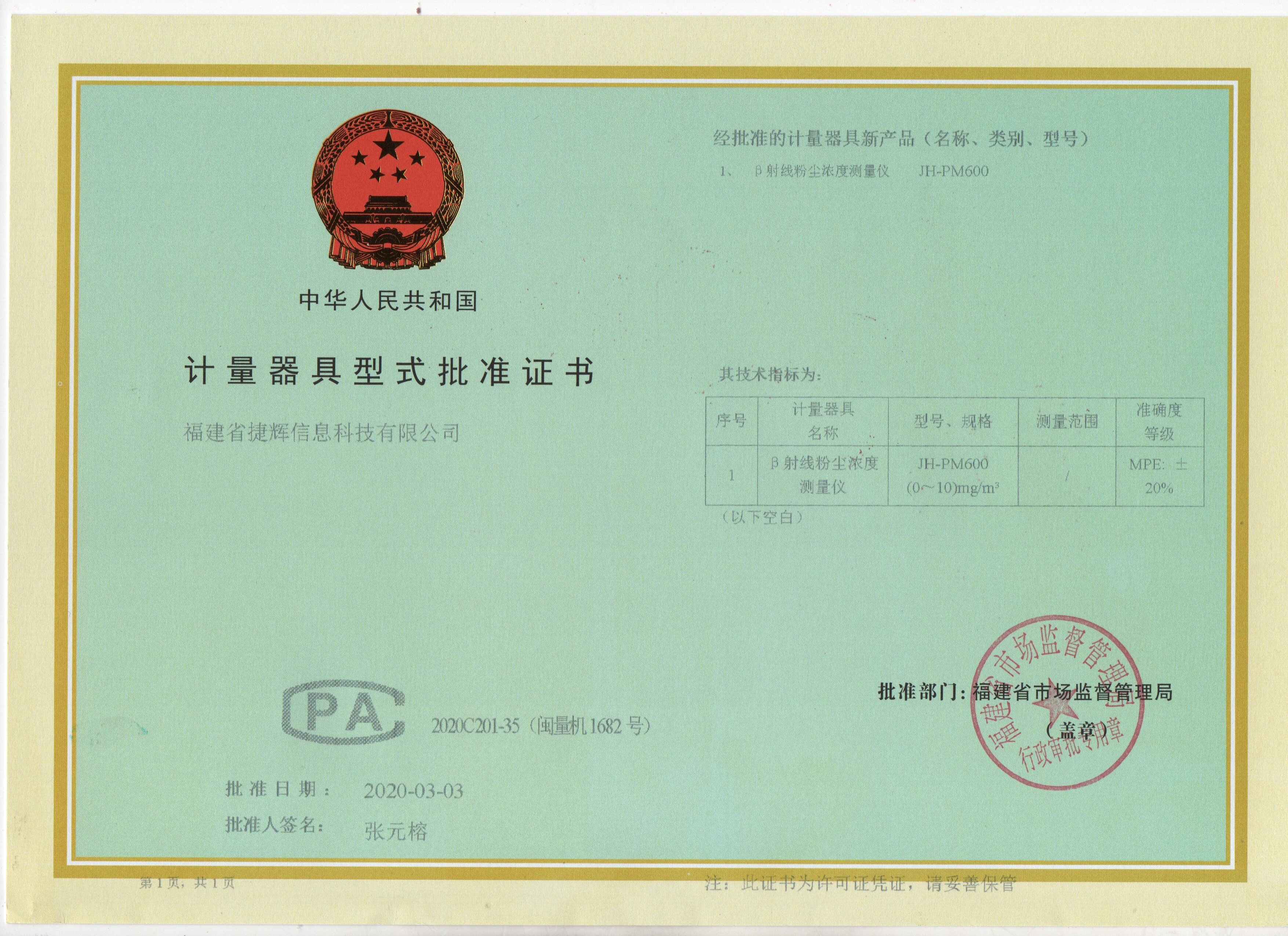 Type Approval Certificate for Measuring Instruments (CPA)