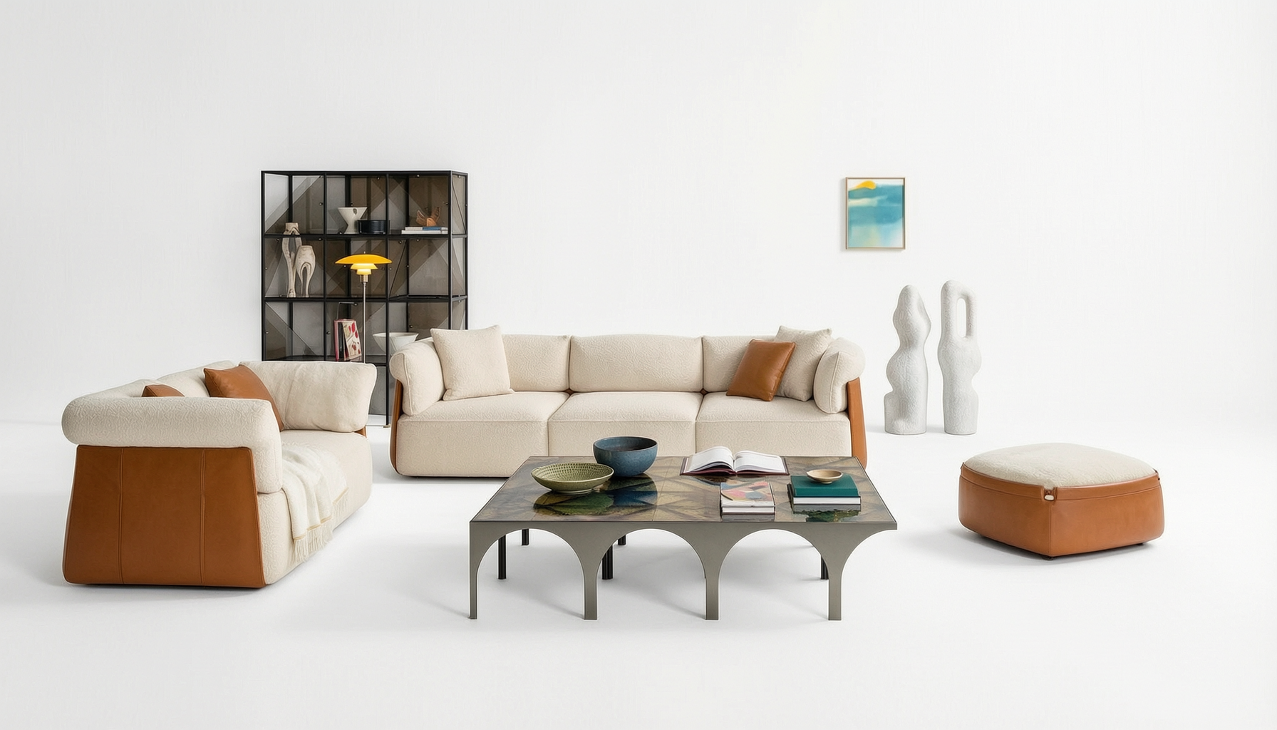 Fendi Sherpa Sofa and Wood Coffee Table Set