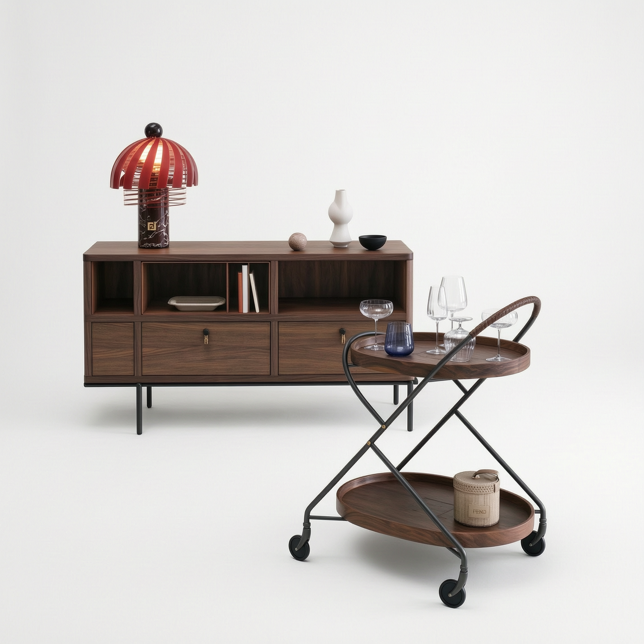 Fendi Walnut Two-Tier Cart and Side Cabinet