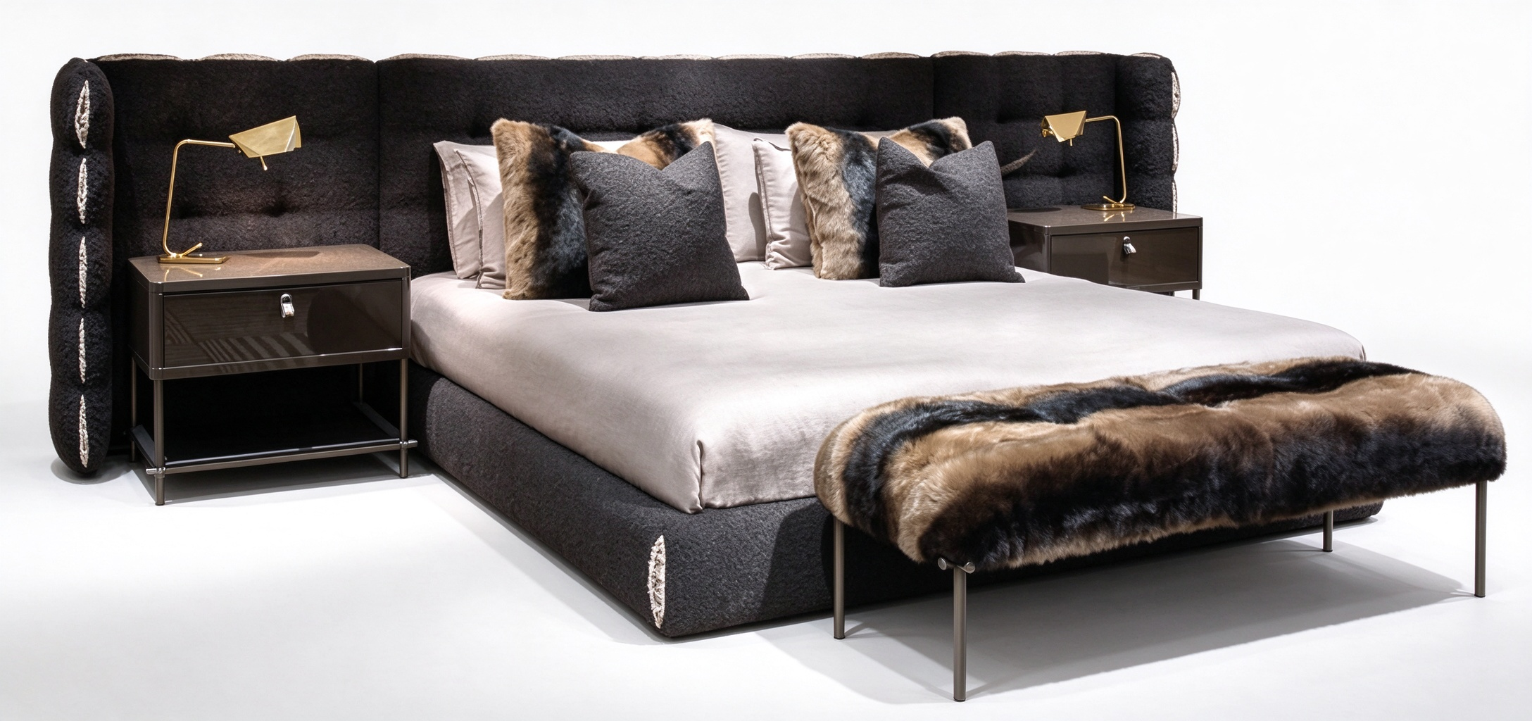 Fendi High-Back Bed and Fur Bench Set