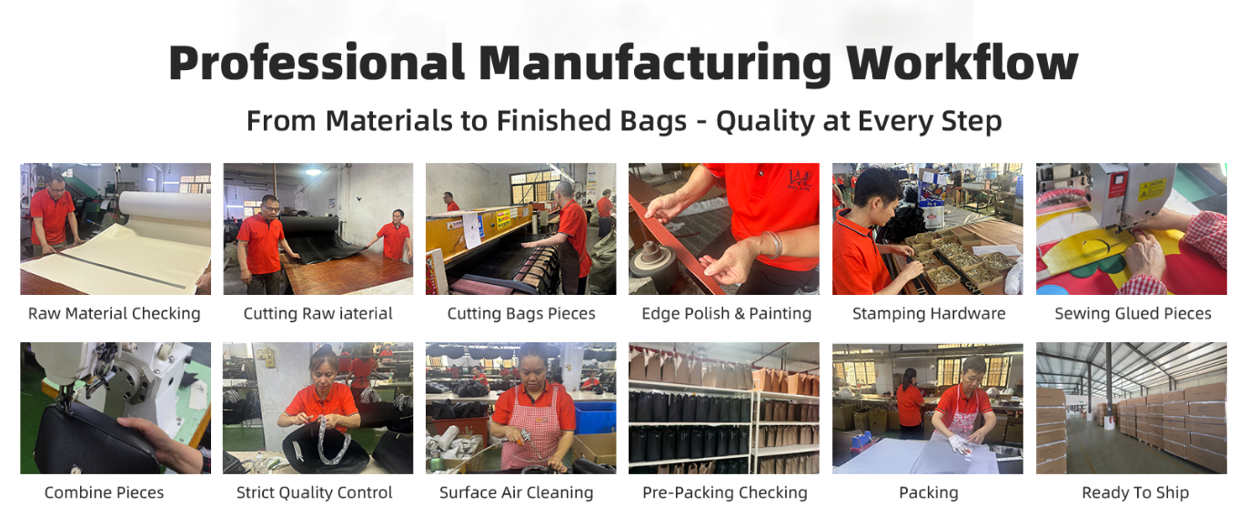 Professional Manufacturing Workflow - 12 steps from raw material checking to ready to ship, including cutting, edge polish, stamping hardware, sewing, quality control, packing