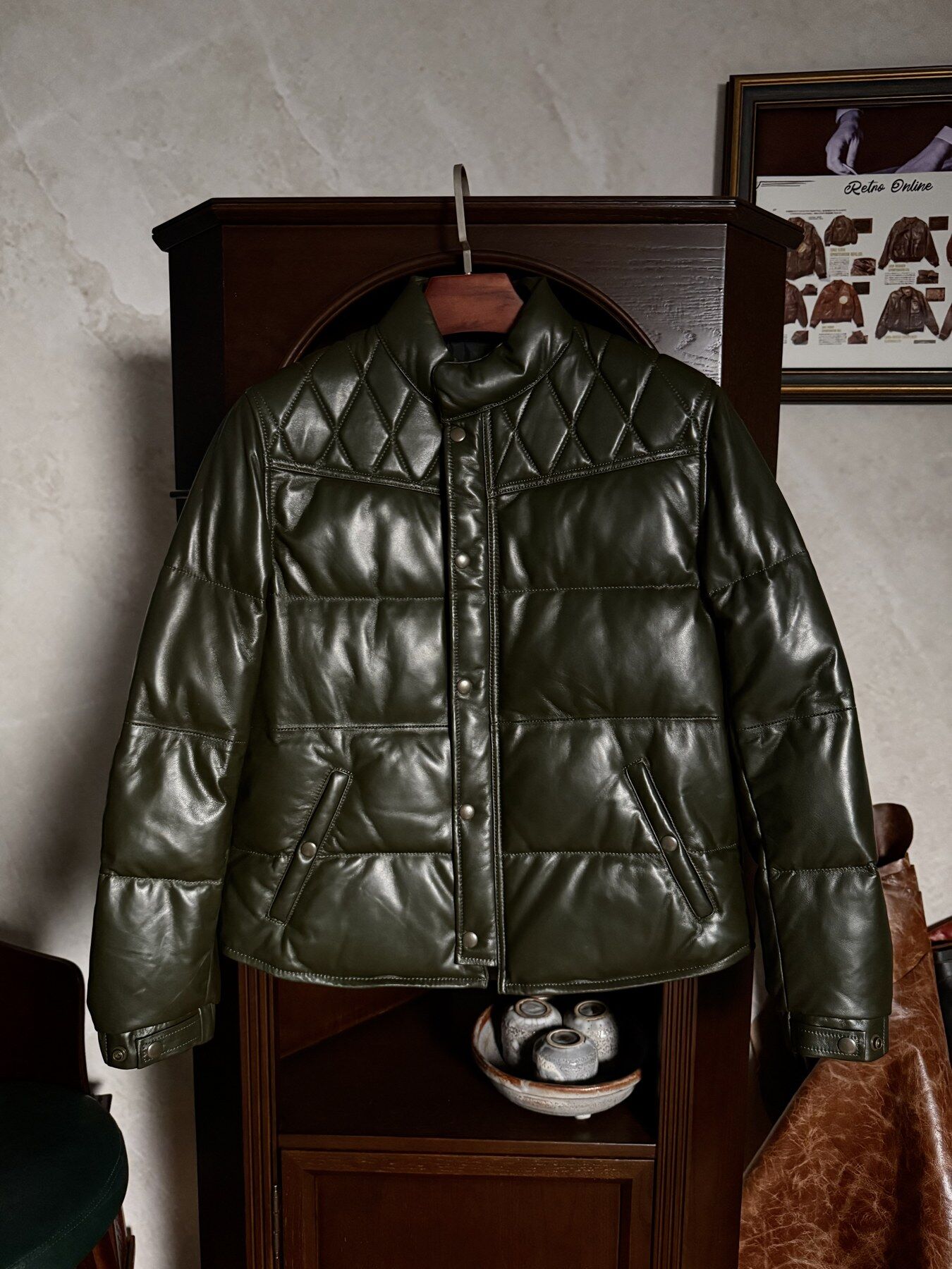 Green Diamond-Yoke Quilted Jacket - front view