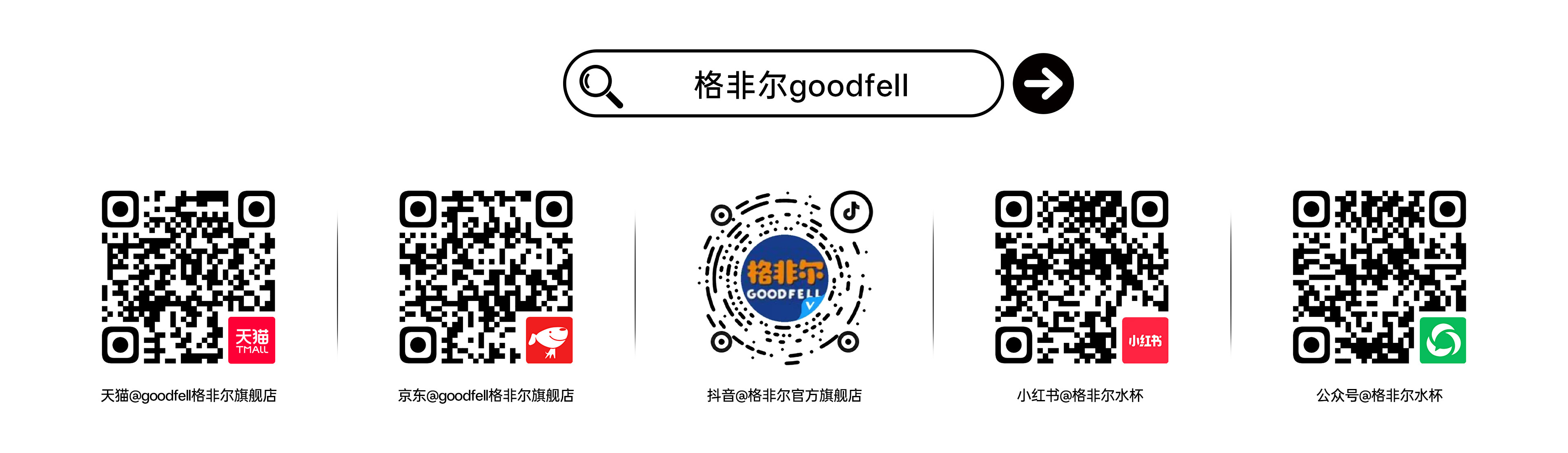 格非尔goodfell官方渠道二维码：天猫、京东、抖音、小红书与公众号