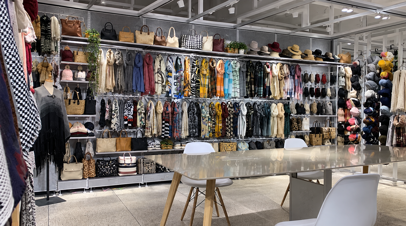 Hangzhou People's Accessories showroom with scarves, hats, bags and gloves on display
