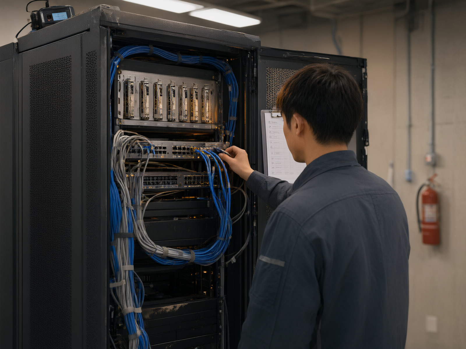 商业综合体弱电间内的千兆收发器部署与工程师检查设备