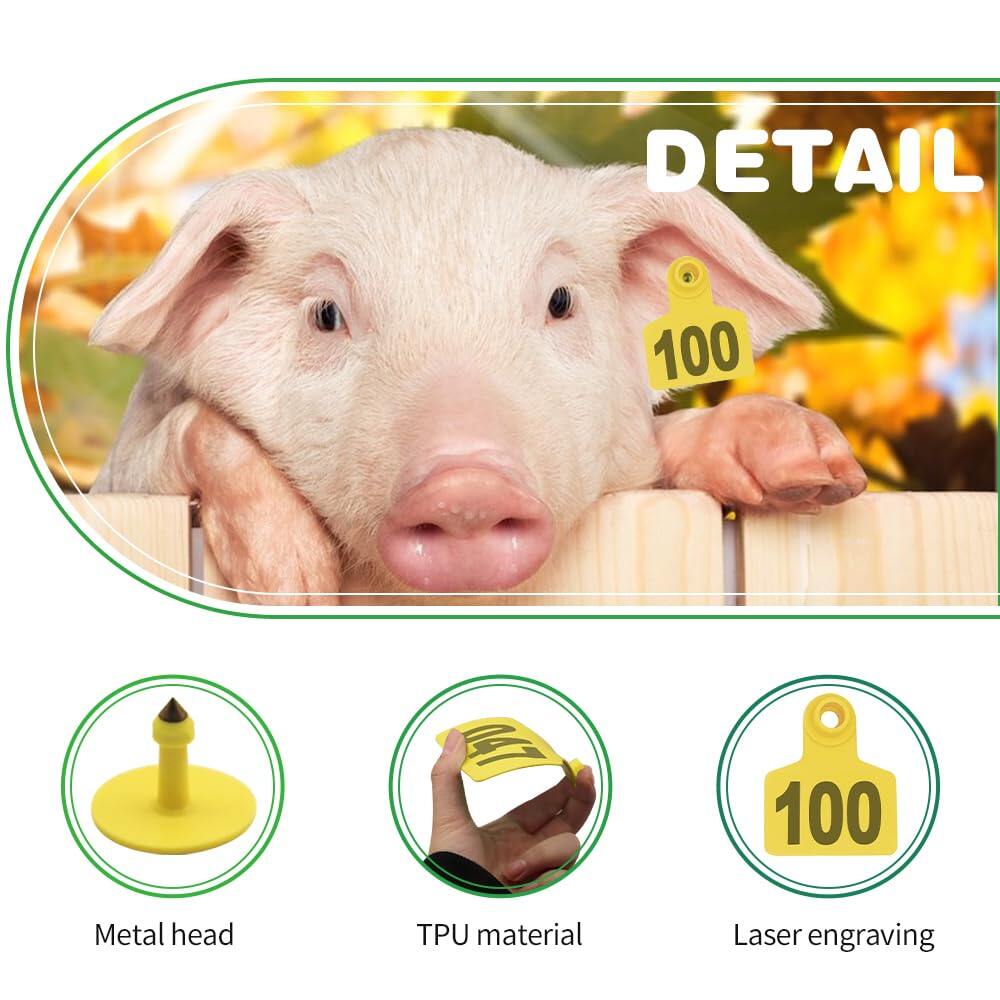 Livestock Ear Tags 001-100 Numbered Plastic with Applicator Pliers (Yellow)
Animal Ear Tags for Pig Cow Sheep Calf Goat, Animal Identification Ranch & Farm Herd Tracking, Laser-printed Fade-Resistant 4