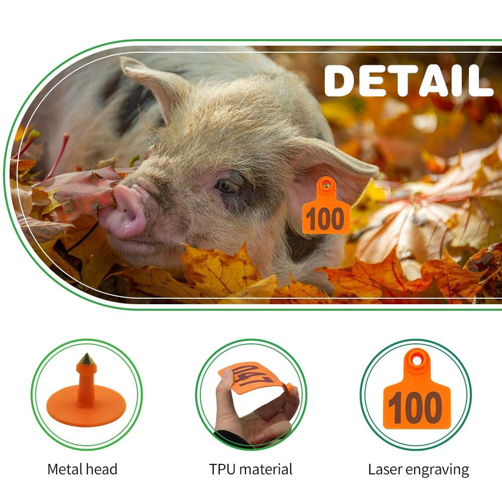 Livestock Ear Tags 001-100 Numbered Plastic with Applicator Pliers (Orange)
Animal Ear Tags for Pig Cow Sheep Calf Goat, Animal Identification Ranch & Farm Herd Tracking, Laser-printed Fade-Resistant 4