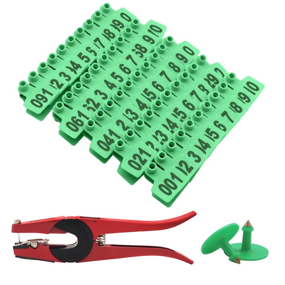 Livestock Ear Tags 001-100 Numbered Plastic with Applicator Pliers (Green)
Animal Ear Tags for Pig Cow Sheep Calf Goat, Animal Identification Ranch & Farm Herd Tracking, Laser-printed Fade-Resistant