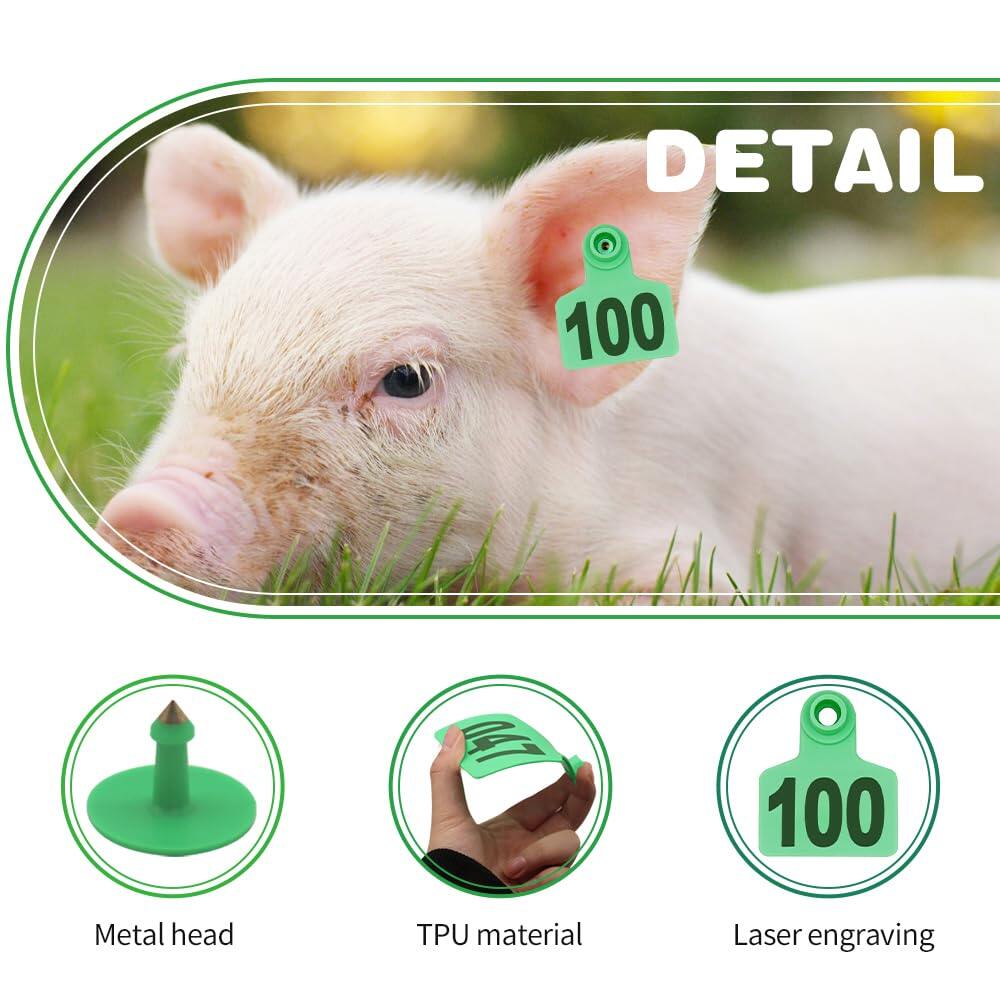 
Livestock Ear Tags 001-100 Numbered Plastic with Applicator Pliers (Green)
Animal Ear Tags for Pig Cow Sheep Calf Goat, Animal Identification Ranch & Farm Herd Tracking, Laser-printed Fade-Resistant 4