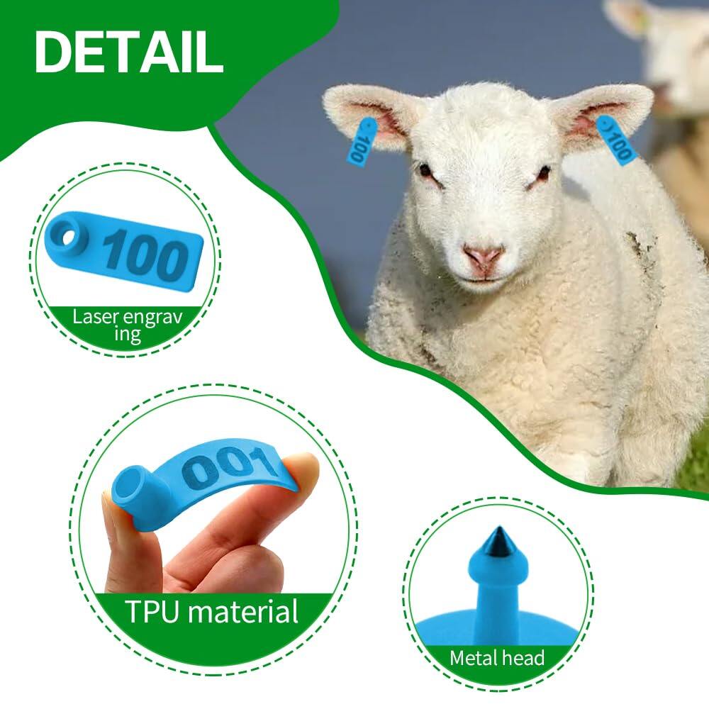 100Pcs Sheep Goat Ear Tags 001-100 Numbered Plastic with Applicator Pliers
Livestock Ear Tags for Goats Sheep Pigs, Animal Tracking Identification, Laser Printed for Easy Farm Management (Blue) 4