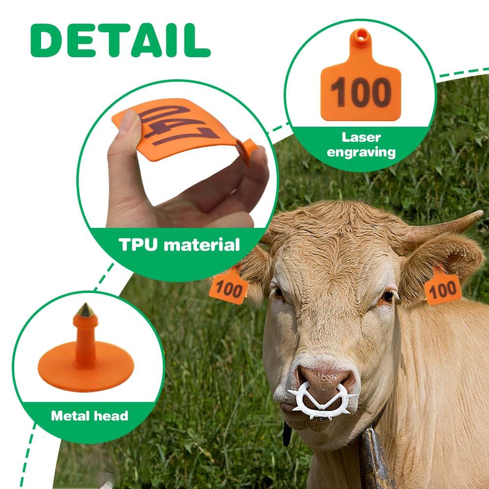 Cattle Ear Tags 001-100 Numbered Plastic with Applicator Pliers (Orange)
Livestock Ear Tag for Cow Sheep Calf Goat Pig, Animal Identification Ranch & Farm Herd Tracking, Laser-printed Fade-Resistant 4