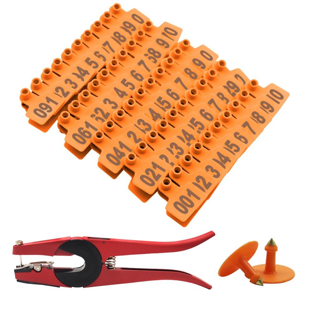 Livestock Ear Tags 001-100 Numbered Plastic with Applicator Pliers (Orange)
Animal Ear Tags for Pig Cow Sheep Calf Goat, Animal Identification Ranch & Farm Herd Tracking, Laser-printed Fade-Resistant