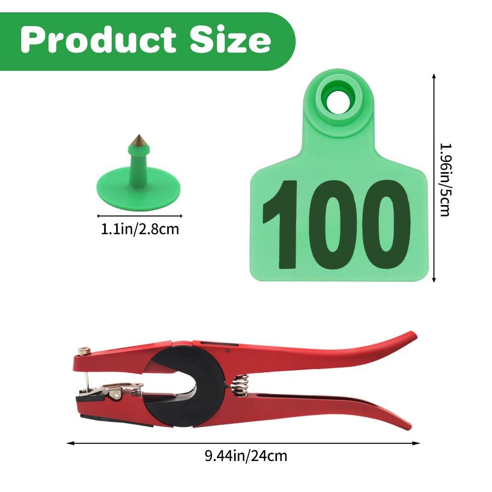 
Livestock Ear Tags 001-100 Numbered Plastic with Applicator Pliers (Green)
Animal Ear Tags for Pig Cow Sheep Calf Goat, Animal Identification Ranch & Farm Herd Tracking, Laser-printed Fade-Resistant 2