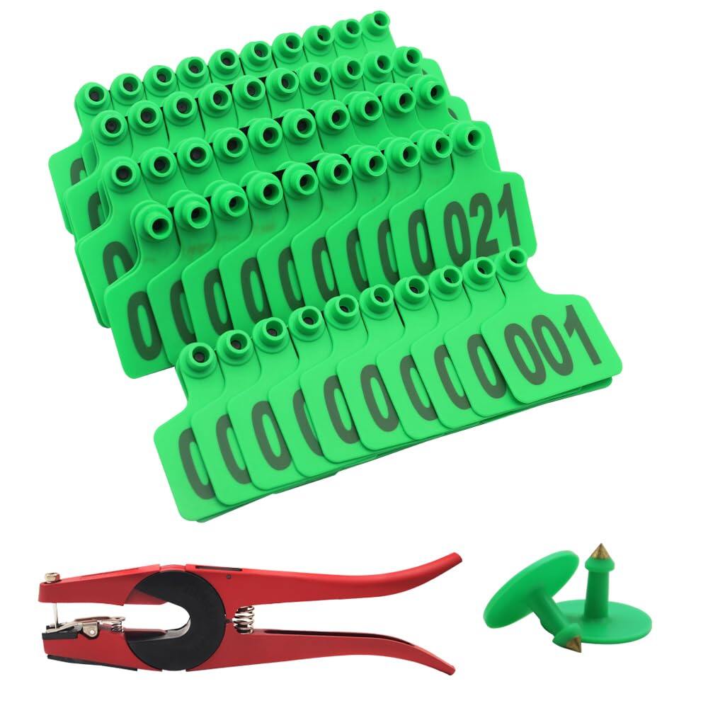 Cattle Ear Tags 001-100 Numbered Plastic with Applicator Pliers (Green)
Livestock Ear Tag for Cow Sheep Calf Goat Pig, Animal Identification Ranch & Farm Herd Tracking, Laser-printed Fade-Resistant