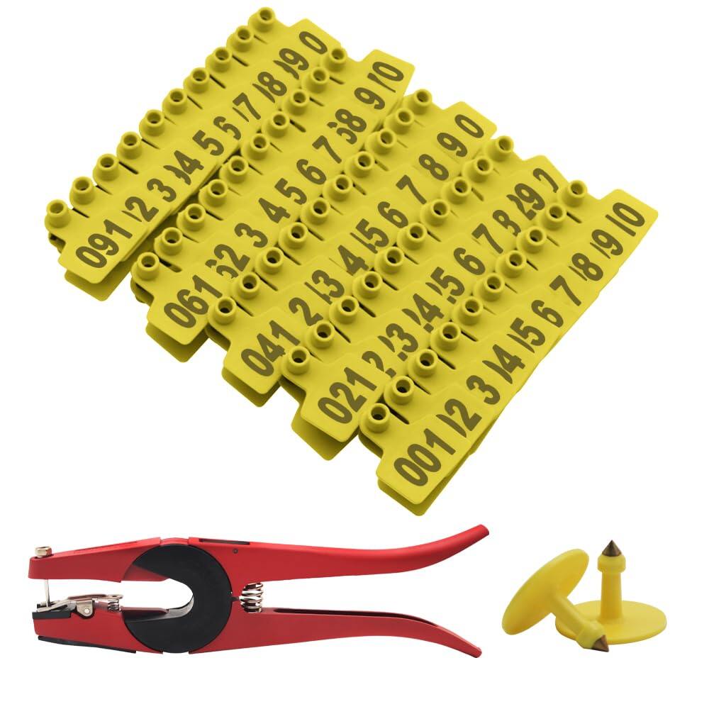 Livestock Ear Tags 001-100 Numbered Plastic with Applicator Pliers (Yellow)
Animal Ear Tags for Pig Cow Sheep Calf Goat, Animal Identification Ranch & Farm Herd Tracking, Laser-printed Fade-Resistant