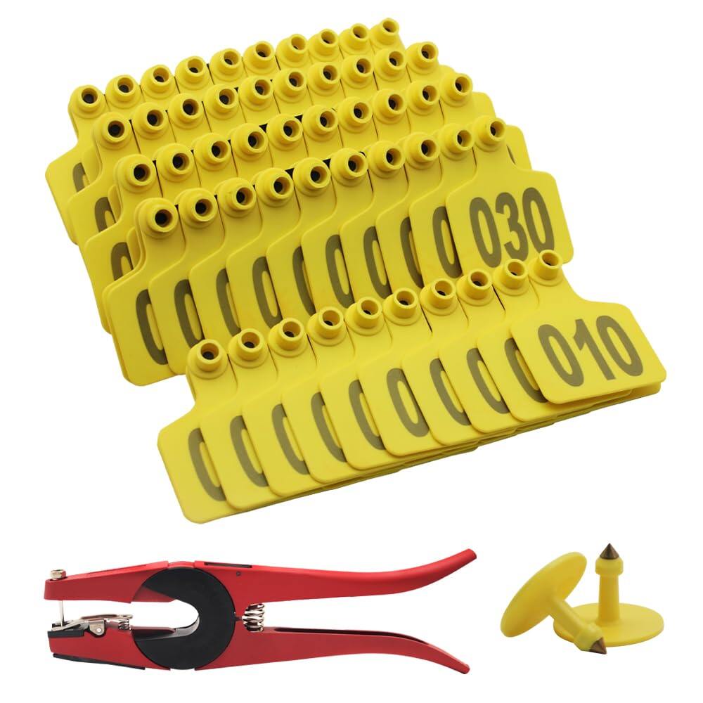 Cattle Ear Tags 001-100 Numbered Plastic with Applicator Pliers (Yellow)
Livestock Ear Tag for Cow Sheep Calf Goat Pig, Animal Identification Ranch & Farm Herd Tracking, Laser-printed Fade-Resistant