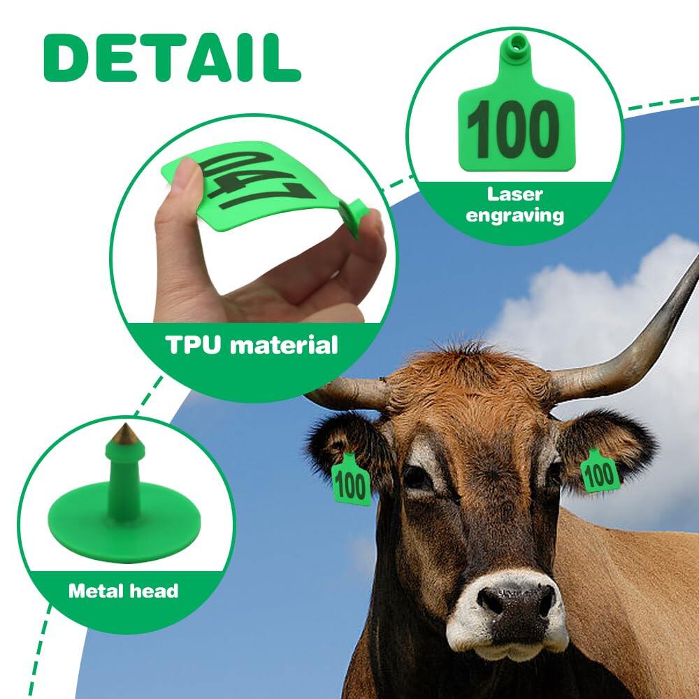Cattle Ear Tags 001-100 Numbered Plastic with Applicator Pliers (Green)
Livestock Ear Tag for Cow Sheep Calf Goat Pig, Animal Identification Ranch & Farm Herd Tracking, Laser-printed Fade-Resistant 5