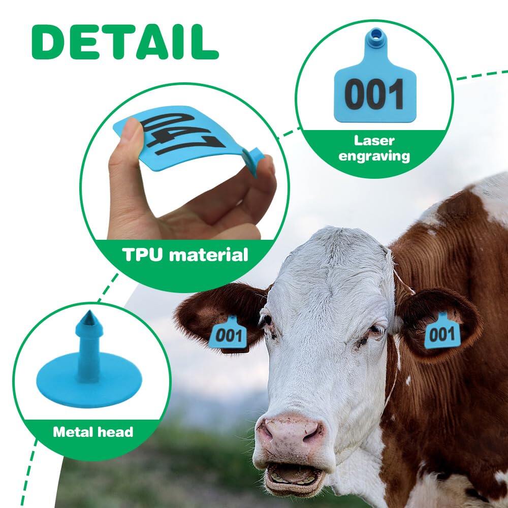 Cattle Ear Tags 001-100 Numbered Plastic with Applicator Pliers (Blue)
Livestock Ear Tag for Cow Sheep Calf Goat Pig, Animal Identification Ranch & Farm Herd Tracking, Laser-printed Fade-Resistant 5