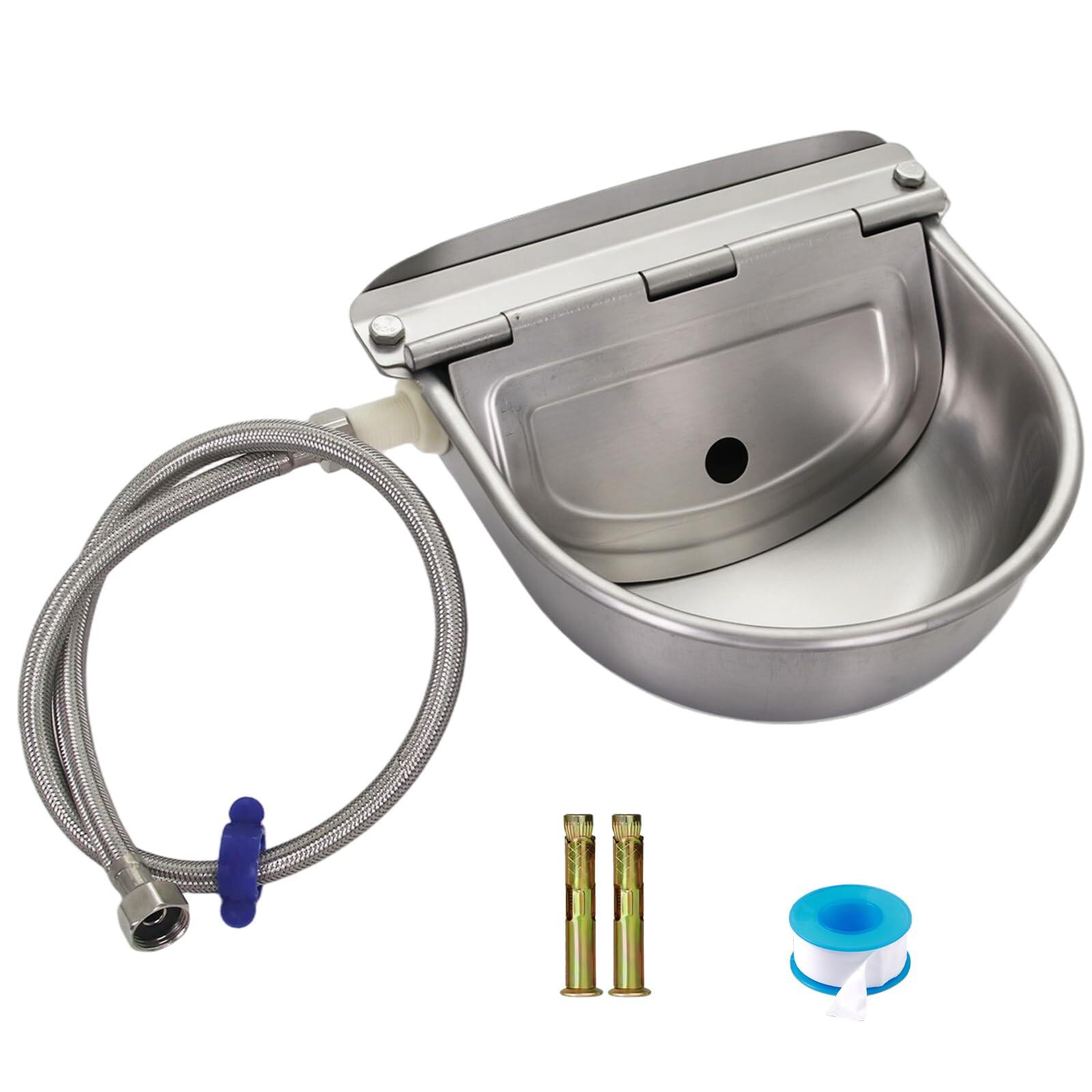Stainless Steel Automatic Livestock Waterer with Float Valve & Water Hose Self Filling Automatic Animal Drinking Water Bowl, Wall Mounted for Dogs,Horse,Calf,Chicken,Goat Livestock Animal Drinking