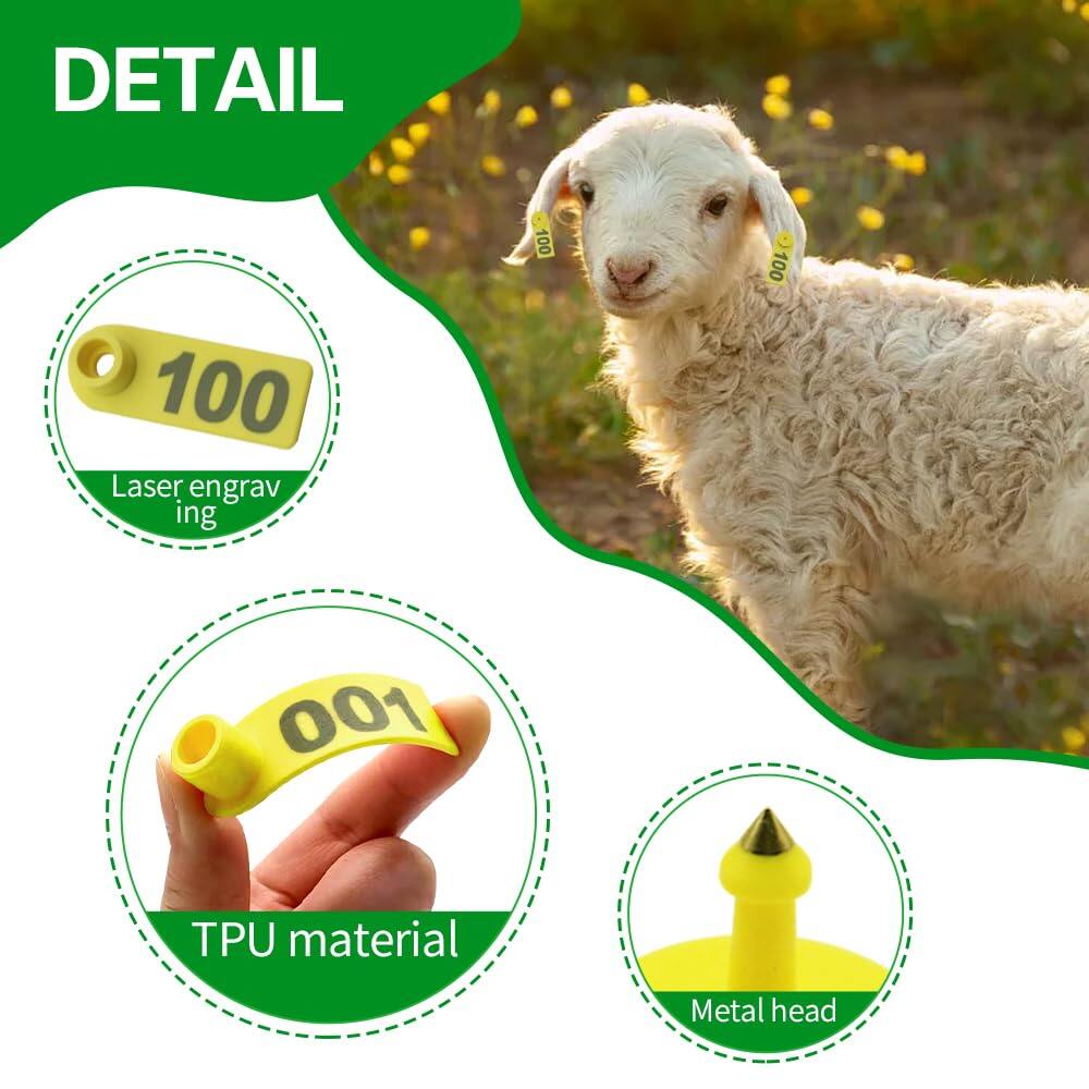 100Pcs Sheep Goat Ear Tags 001-100 Numbered Plastic with Applicator Pliers
Livestock Ear Tags for Goats Sheep Pigs, Animal Tracking Identification, Laser Printed for Easy Farm Management (Yellow) 4