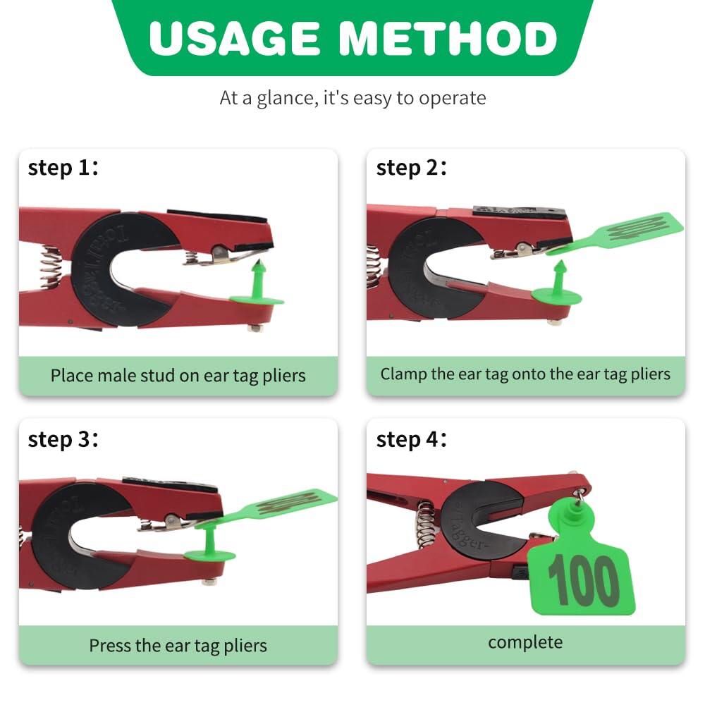 Cattle Ear Tags 001-100 Numbered Plastic with Applicator Pliers (Green)
Livestock Ear Tag for Cow Sheep Calf Goat Pig, Animal Identification Ranch & Farm Herd Tracking, Laser-printed Fade-Resistant 4