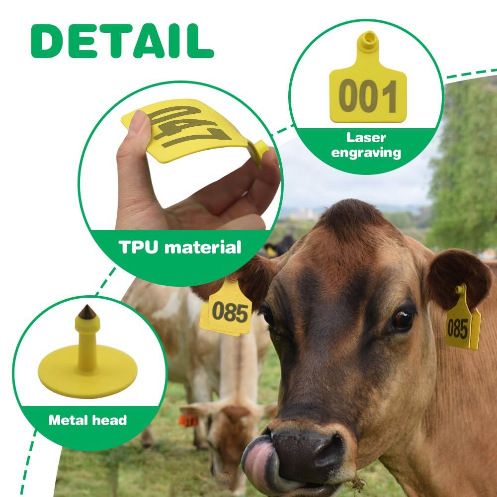 Cattle Ear Tags 001-100 Numbered Plastic with Applicator Pliers (Yellow)
Livestock Ear Tag for Cow Sheep Calf Goat Pig, Animal Identification Ranch & Farm Herd Tracking, Laser-printed Fade-Resistant 5