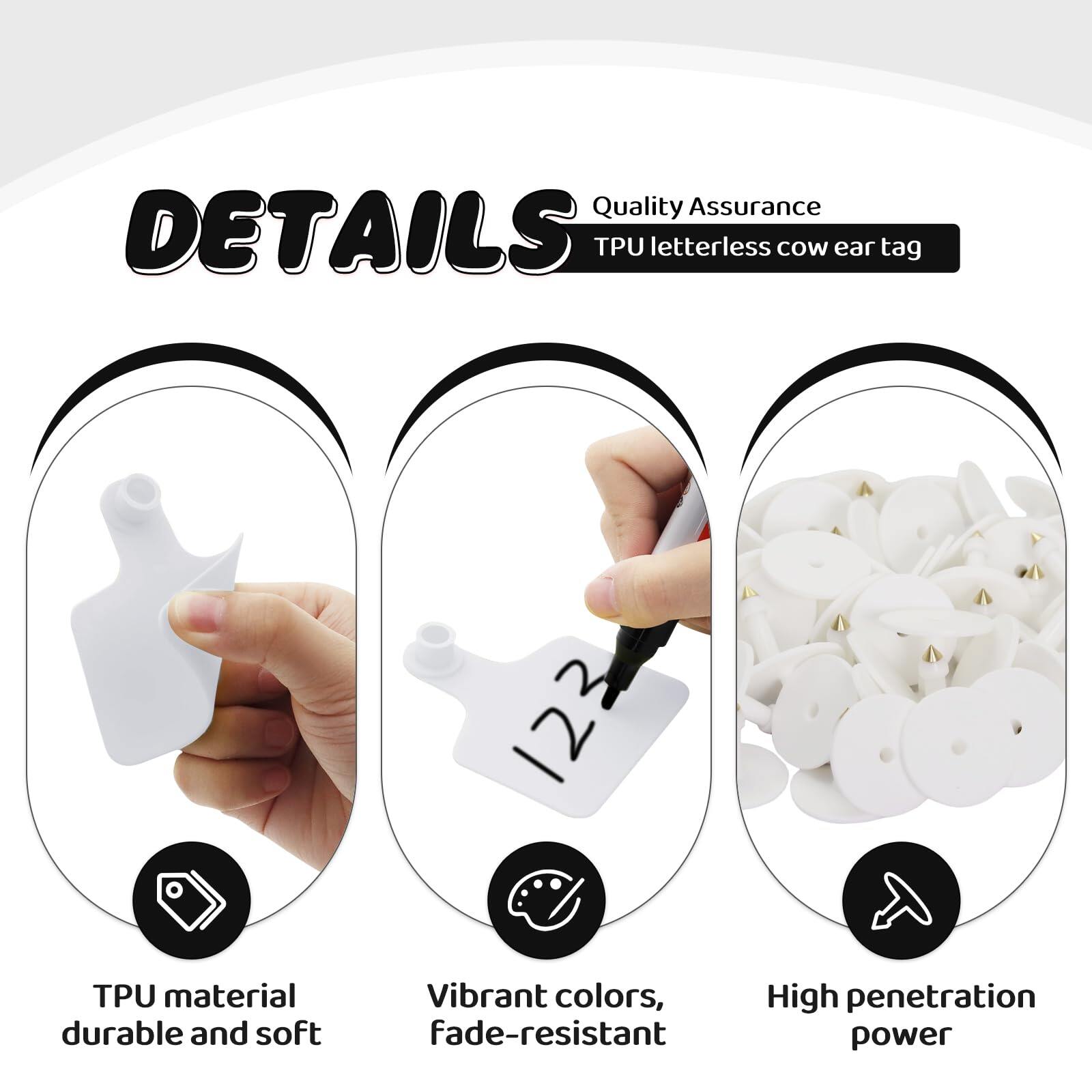 Cattle Ear Tags & Marking Pen 100pcs TPU Blank Cow Tags for Sheep Goat Pig and Other Livestock Animals Identification (White, for Cattle) 4