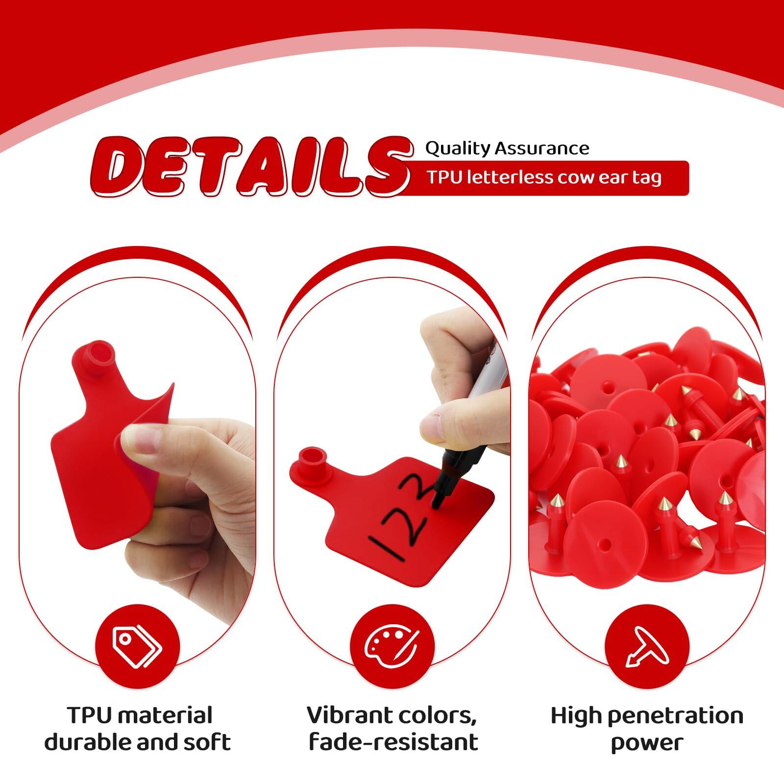 Cattle Ear Tags & Marking Pen 100pcs TPU Blank Cow Tags for Sheep Goat Pig and Other Livestock Animals Identification (Red, for Cattle) 6