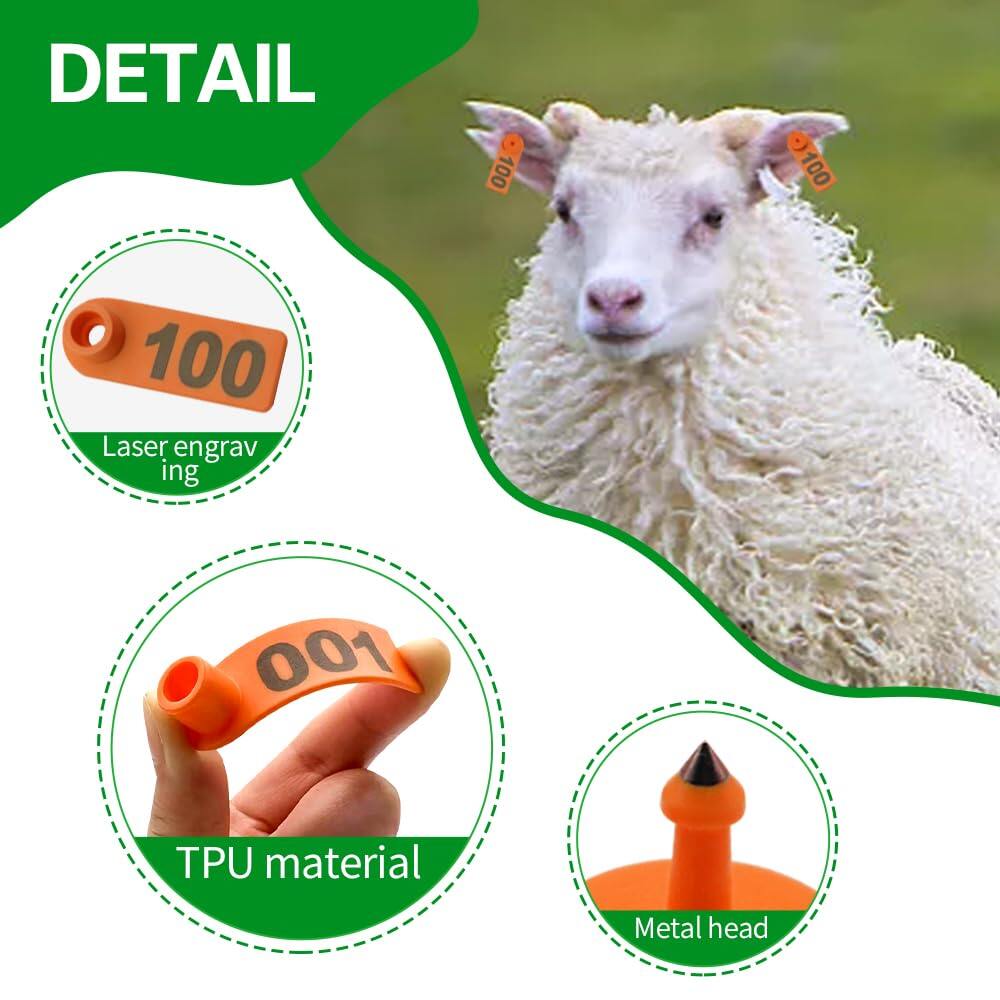 100Pcs Sheep Goat Ear Tags 001-100 Numbered Plastic with Applicator Pliers Livestock Ear Tags for Goats Sheep Pigs, Animal Tracking Identification, Laser Printed for Easy Farm Management (Orange) 4