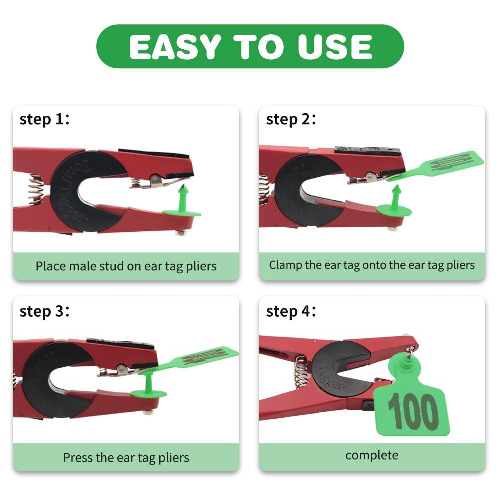 
Livestock Ear Tags 001-100 Numbered Plastic with Applicator Pliers (Green)
Animal Ear Tags for Pig Cow Sheep Calf Goat, Animal Identification Ranch & Farm Herd Tracking, Laser-printed Fade-Resistant 6