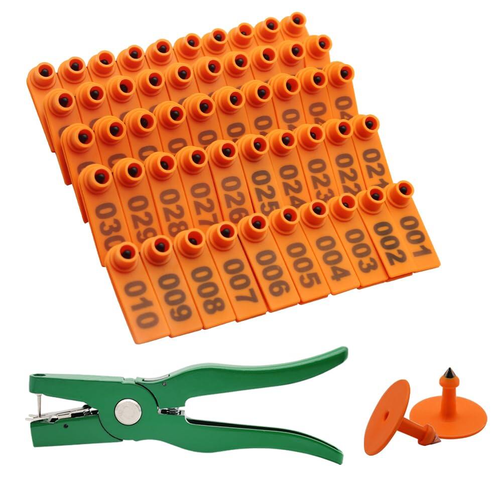 100Pcs Sheep Goat Ear Tags 001-100 Numbered Plastic with Applicator Pliers Livestock Ear Tags for Goats Sheep Pigs, Animal Tracking Identification, Laser Printed for Easy Farm Management (Orange)