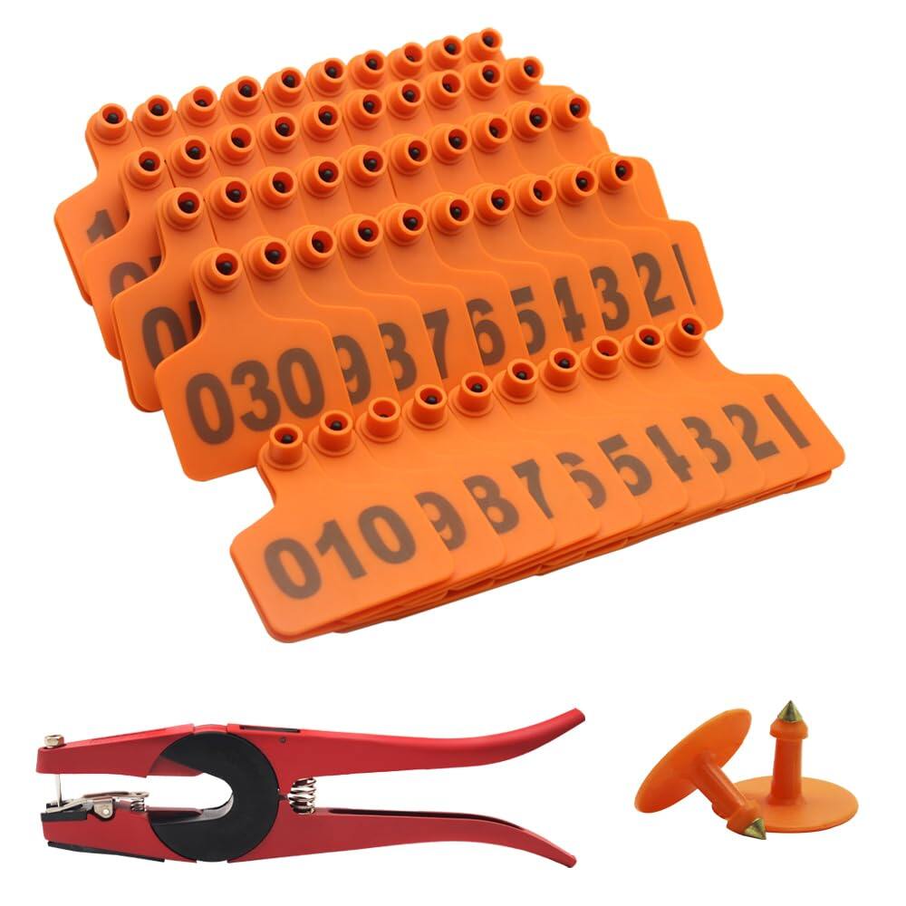 Cattle Ear Tags 001-100 Numbered Plastic with Applicator Pliers (Orange)
Livestock Ear Tag for Cow Sheep Calf Goat Pig, Animal Identification Ranch & Farm Herd Tracking, Laser-printed Fade-Resistant
