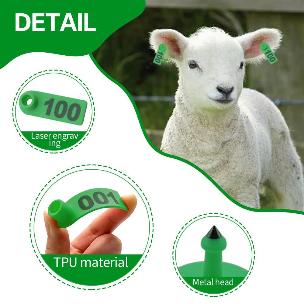 100Pcs Sheep Goat Ear Tags 001-100 Numbered Plastic with Applicator Pliers
Livestock Ear Tags for Goats Sheep Pigs, Animal Tracking Identification, Laser Printed for Easy Farm Management (Green) 5