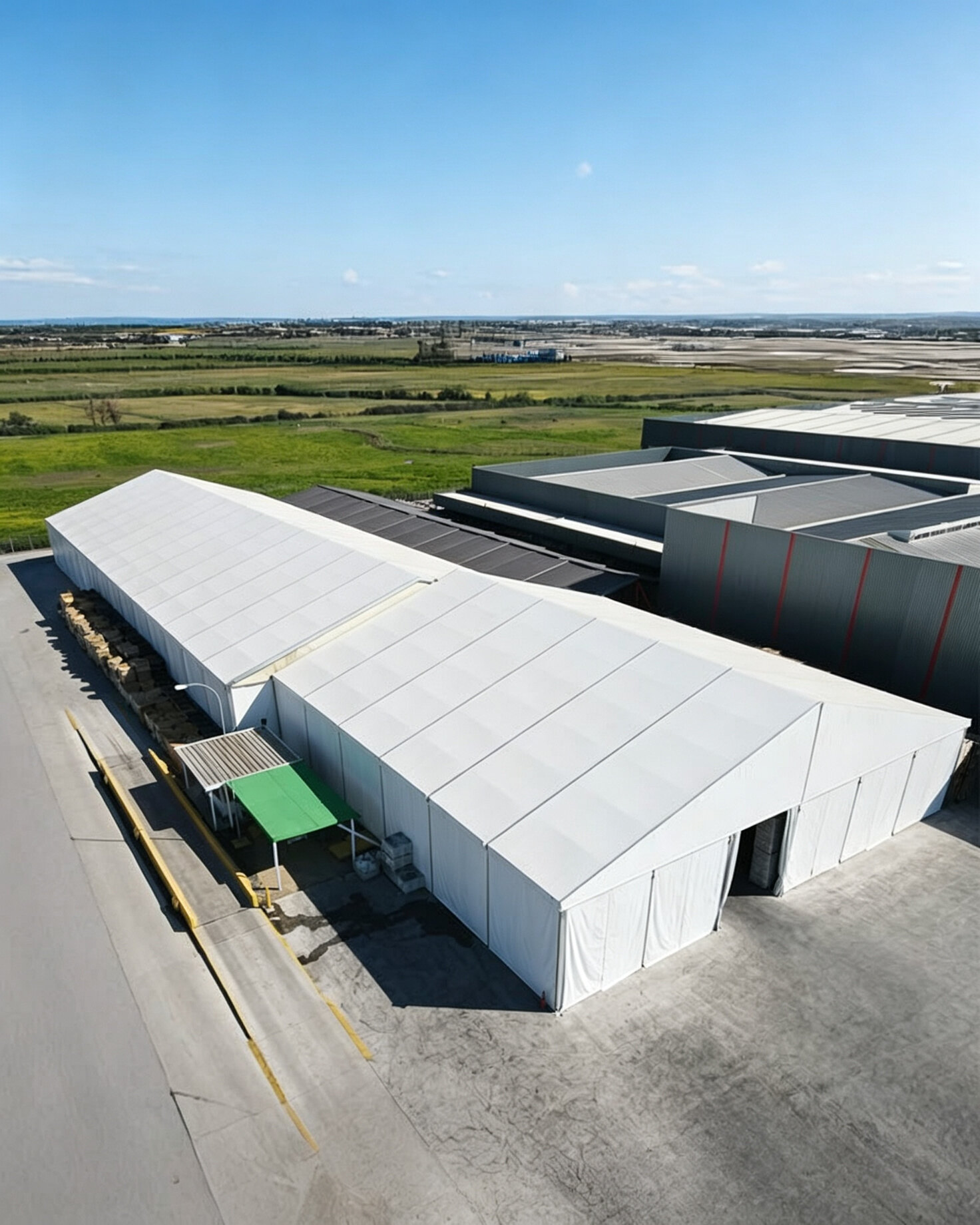 Modern industrial warehouse tent with clear-span aluminum frame