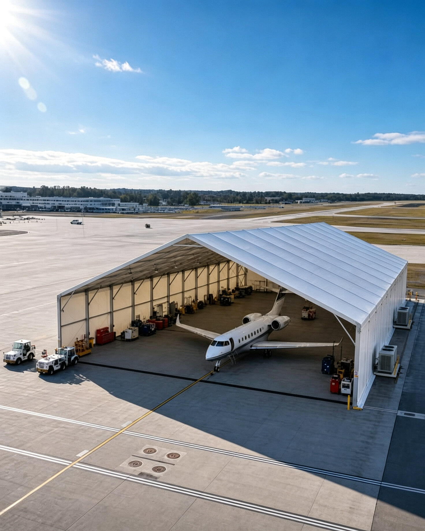 Large clear-span modular hangar structure interior