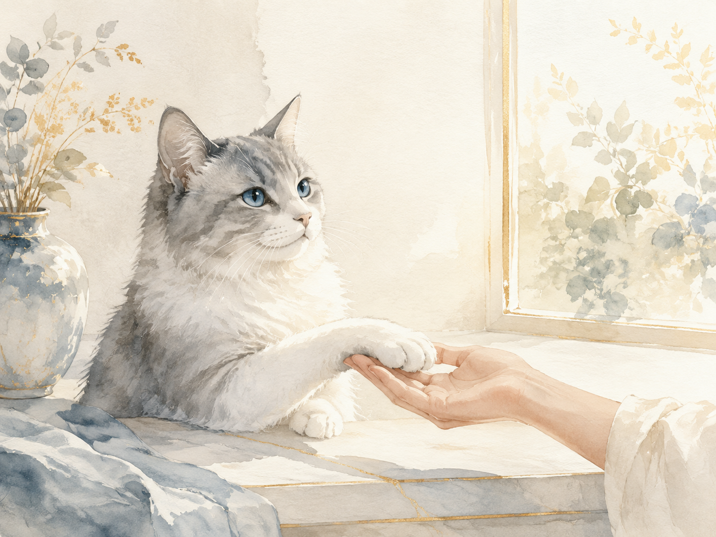 猫咪将爪子轻轻放在人手中
