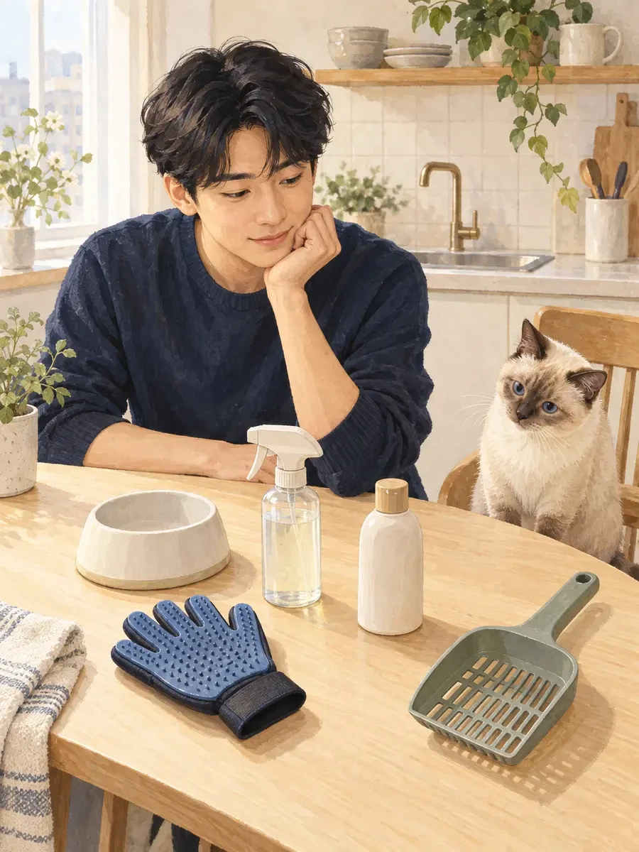 主人面对不同猫咪护理用品思考使用顺序，暹罗混种猫在旁观察