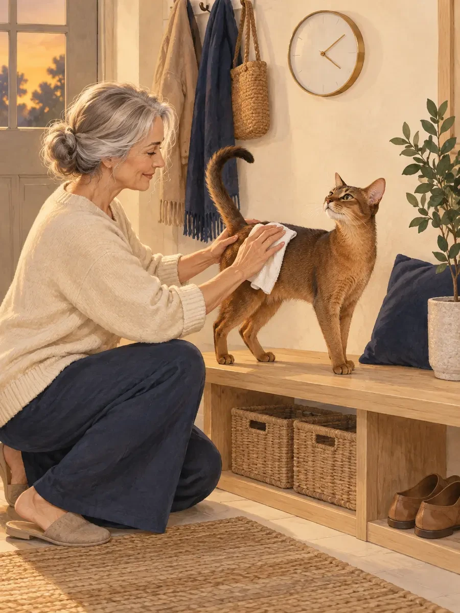 主人在傍晚为棕色猫咪进行轻柔的被毛擦拭护理