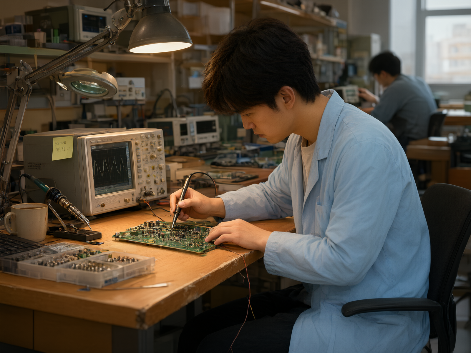 电子研发实验室,工程师在工作台前调试电路板,周围摆放着示波器与测试设备