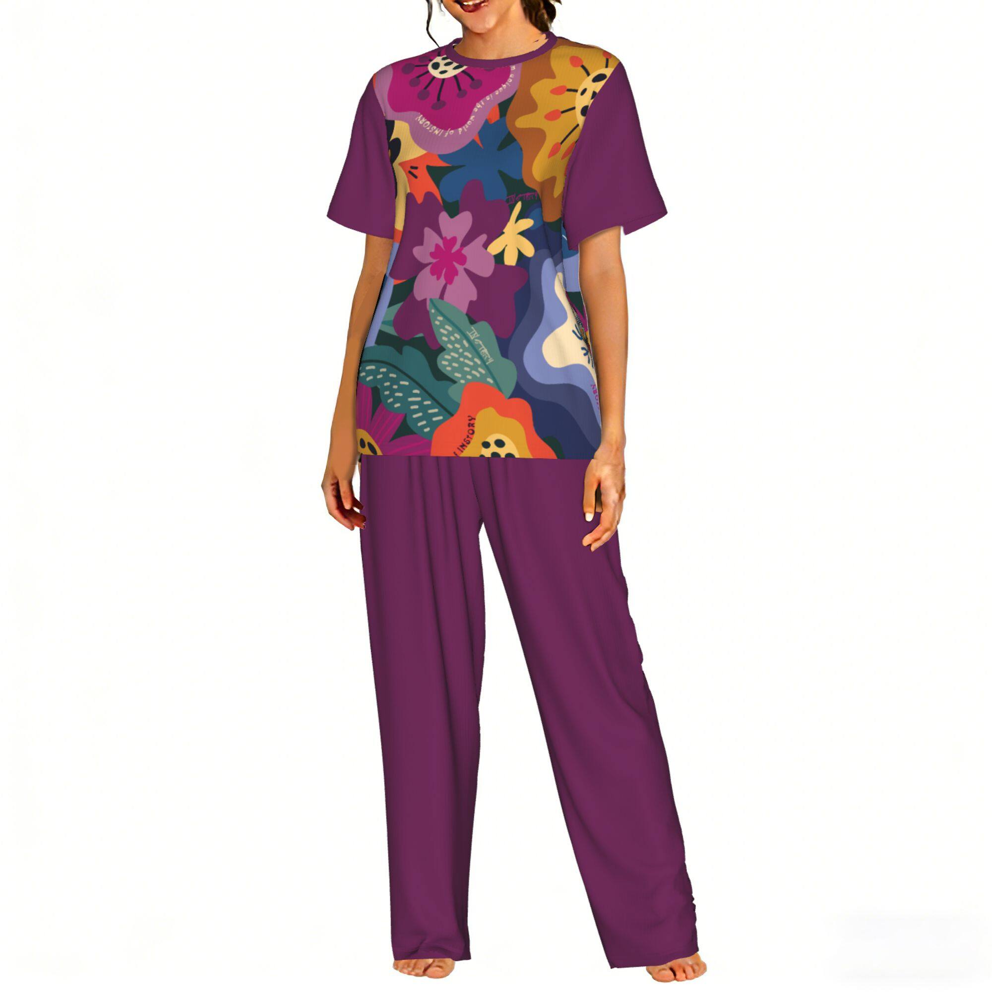 Women's Short-Sleeve Long-Pant Crewneck Pajama Set