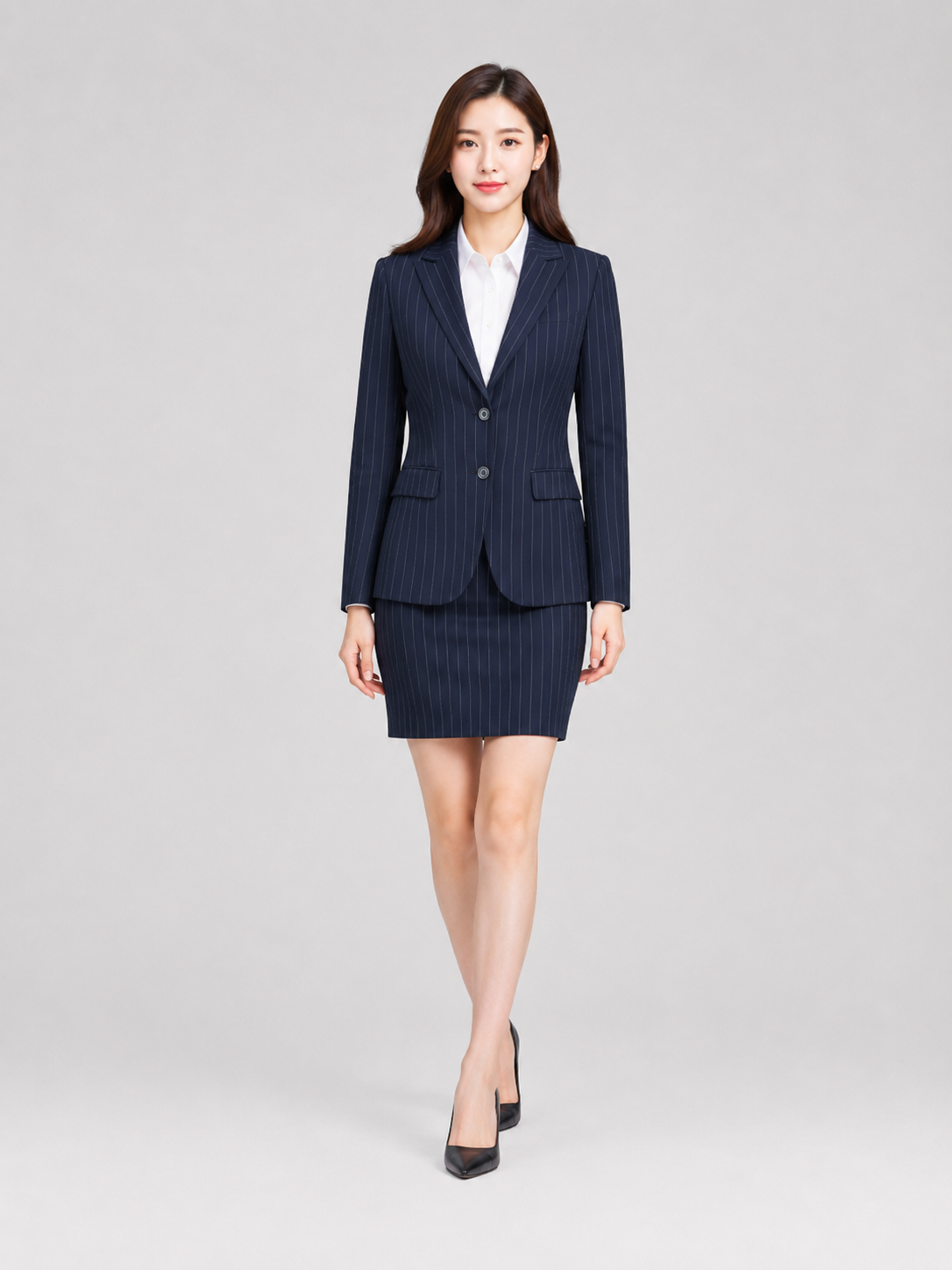 雅居尚品 女式羊毛套西(藏蓝条纹)