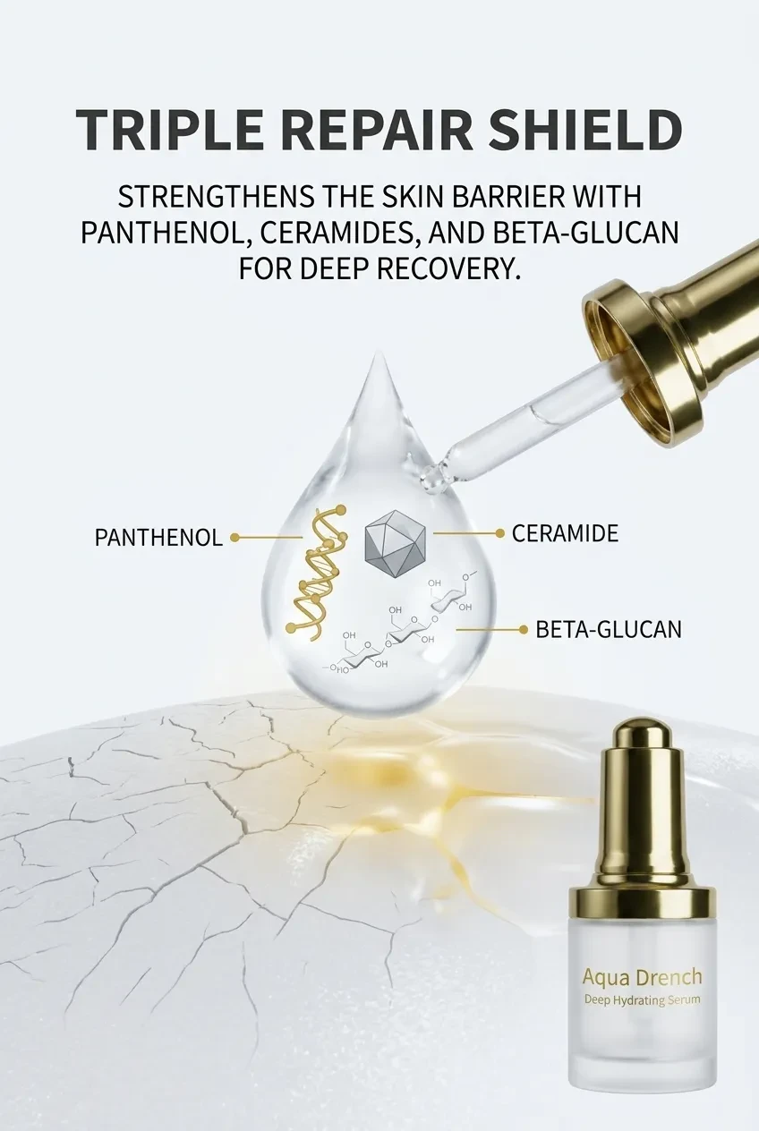 Triple repair shield graphic highlighting panthenol, ceramide and beta-glucan for the skin barrier