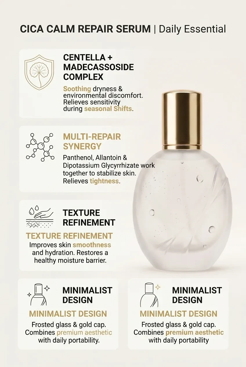 Cica Calm Repair Serum daily essential graphic covering the centella complex, multi-repair synergy and texture refinement