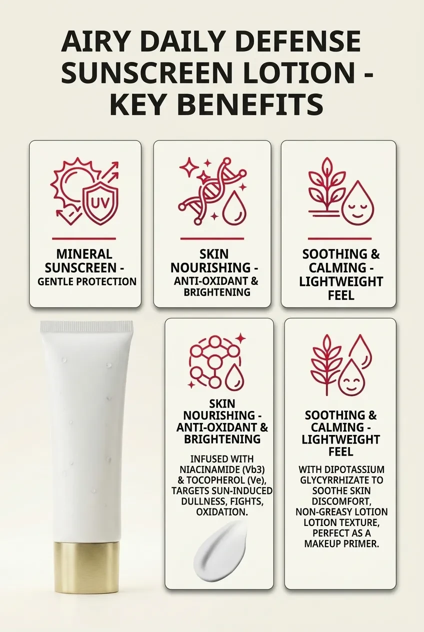 Key benefits graphic for the Airy Daily Defense Sunscreen Lotion with icon cards