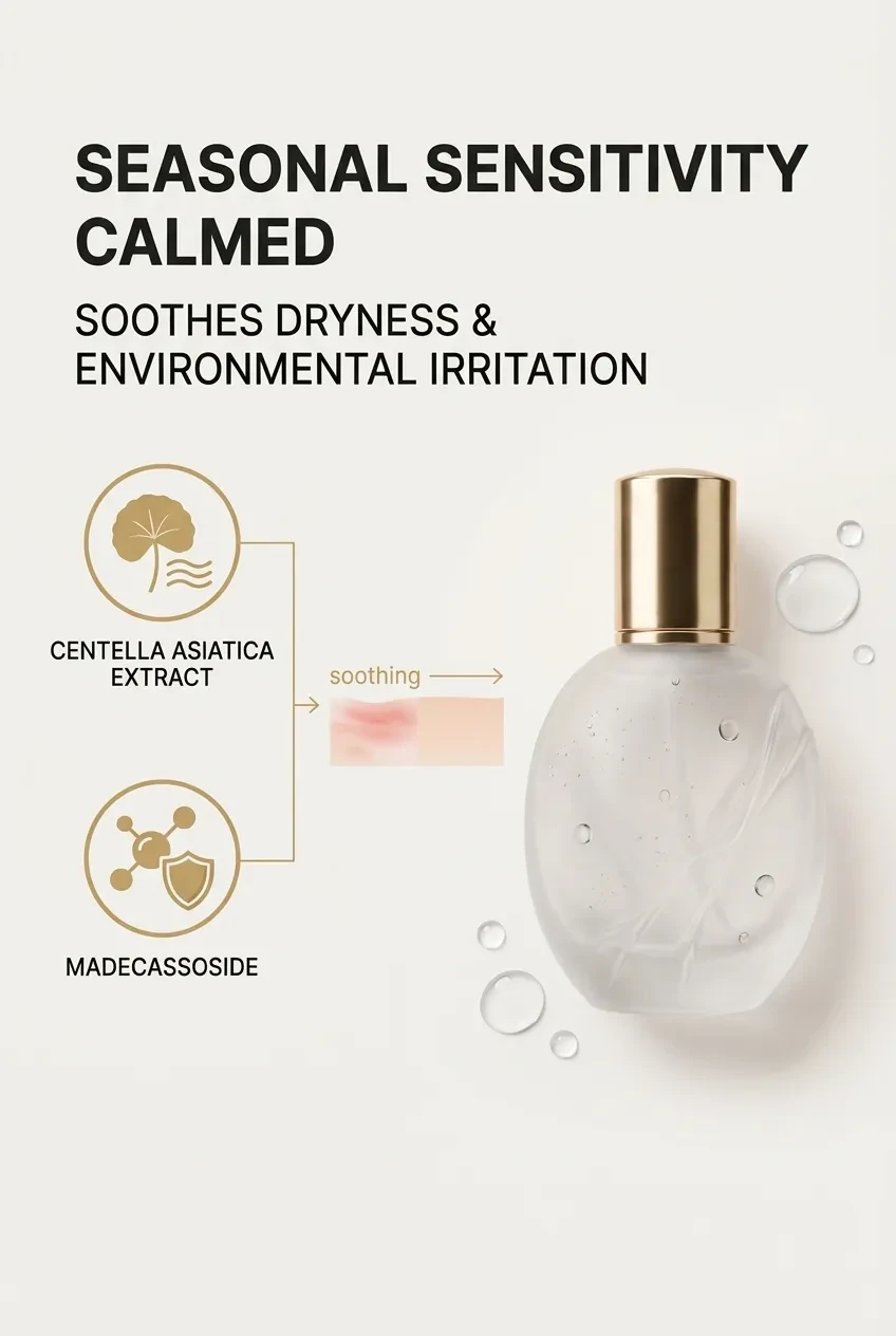 Seasonal sensitivity calmed graphic showing centella asiatica extract and madecassoside soothing the skin