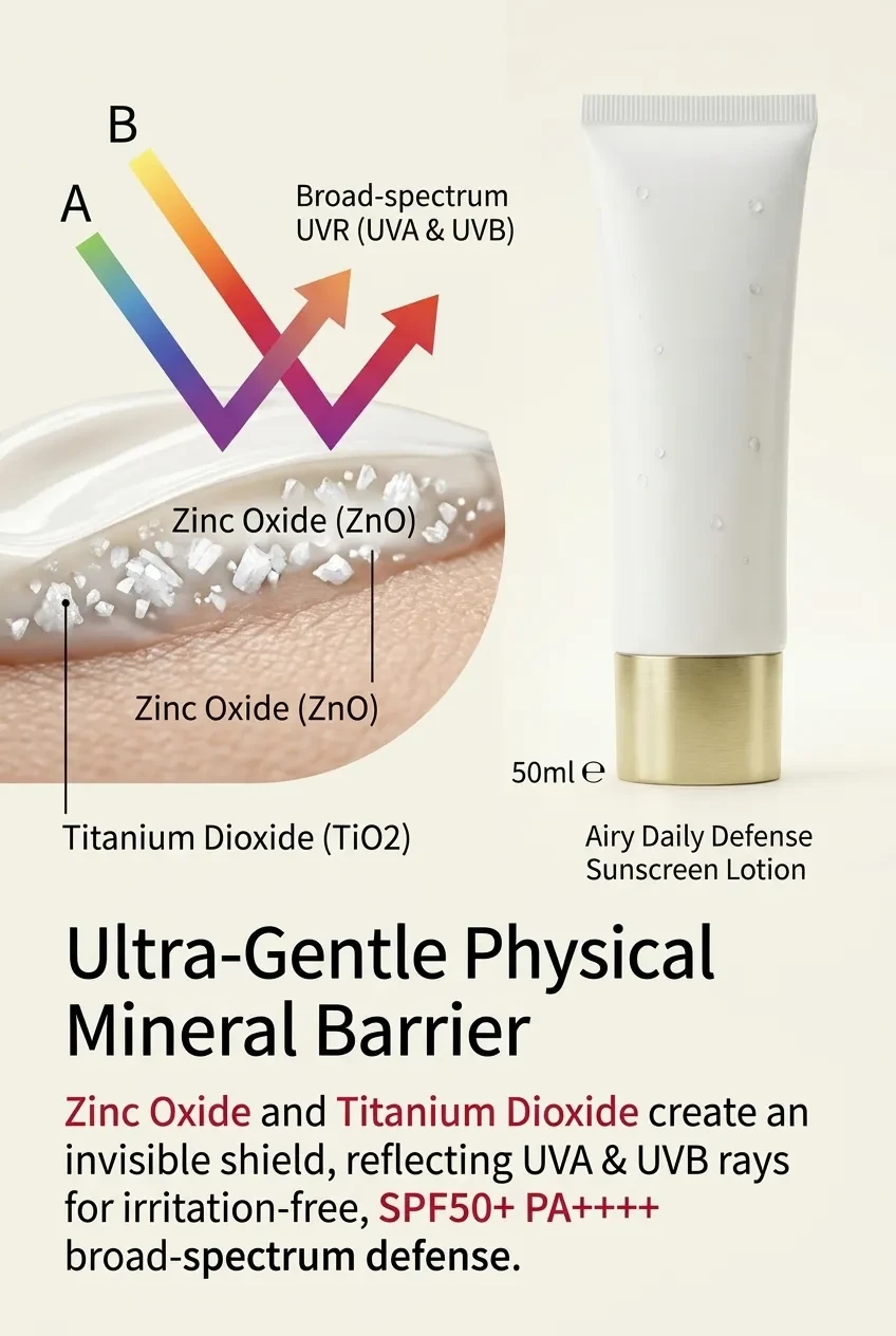 Ultra-gentle physical mineral barrier graphic showing zinc oxide and titanium dioxide reflecting UVA and UVB rays