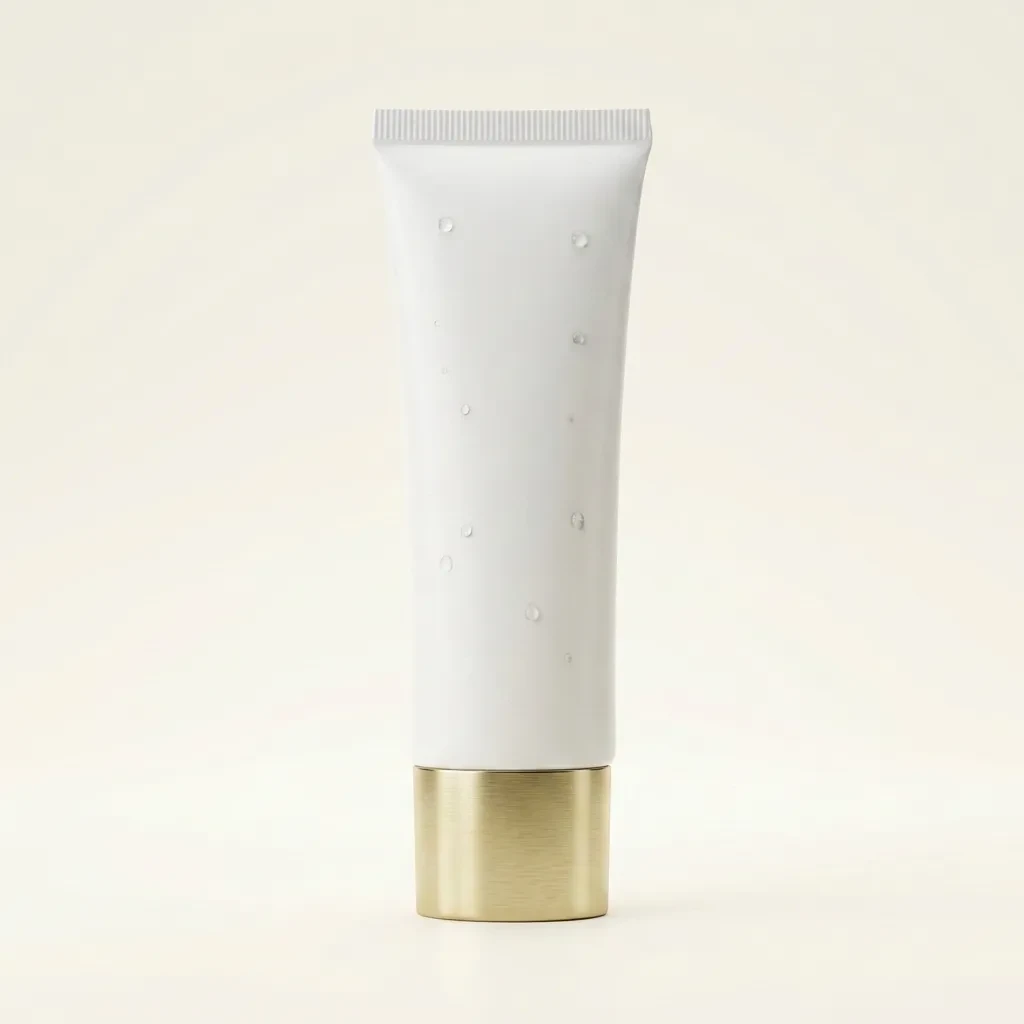 White sunscreen tube with a brushed gold cap standing on a cream background