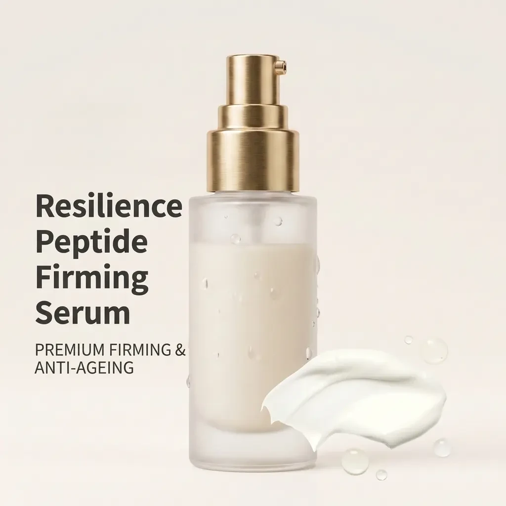 Resilience Peptide Firming Serum frosted glass bottle with a gold pump and the product name beside a cream swatch