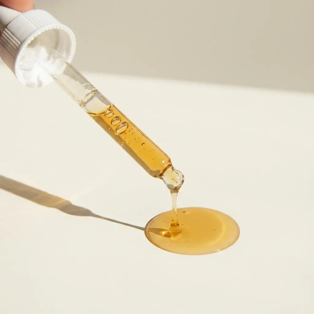 Glass dropper releasing amber cleansing water onto a white surface