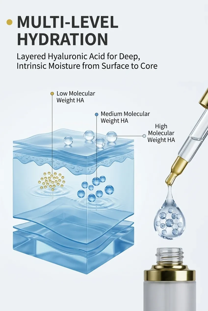 Multi-level hydration graphic showing low, medium and high molecular weight hyaluronic acid layering